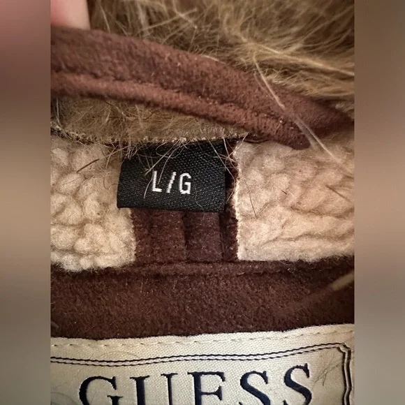 VTG Guess Coat Womens Large Y2K Faux Sherpa Fur Suede Long Length Brown - Picture 4 of 9